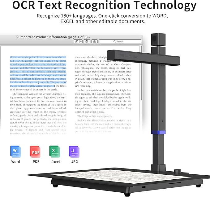 CZUR Shine Surface Pro Professional Document Scanner, 16MP Document Camera + 2MP Webcam+ Working Surface, A3 Book Scanner for Computer/Laptop, 180+ Languages OCR, Fast Scan 1s/Page, for PC/Mac-DeskLoop Office