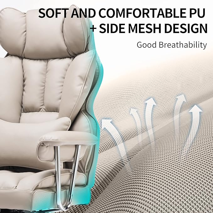 Efomao Big and Tall Office Chair 400lbs – High Back PU Leather Executive Chair with Lumbar Support, Footrest, Swivel Base, Padded Armrests, and Rolling Wheels for Home Office, Grey Computer Chair-DeskLoop Office