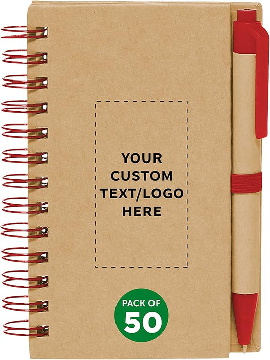 Custom Mini Spiral Notebooks with Black Ink Pens Set of 50, Personalized Bulk Pack - Perfect for School, Office, Business, Home - Red-DeskLoop Office