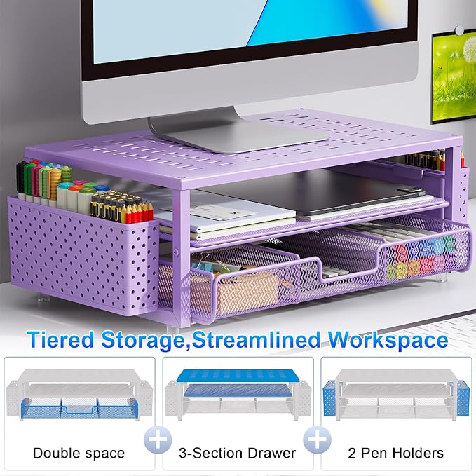 gianotter Desk Organizers and Accessories, Monitor Stand with Drawer and 2 Pen Holder, Purple Desk Accessories, Computer Stand Suitable for Offices and Dormitories (Purple)-DeskLoop Office