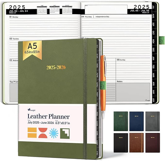 Ensight 2025-2026 HARDCOVER Leather Planner Weekly & Monthly - 6.5x8.5 Inches - Academic Planner Business Personal or Student - Pen Holder, Thick Paper, July 2025 - June 2026 (Olive Green)-DeskLoop Office