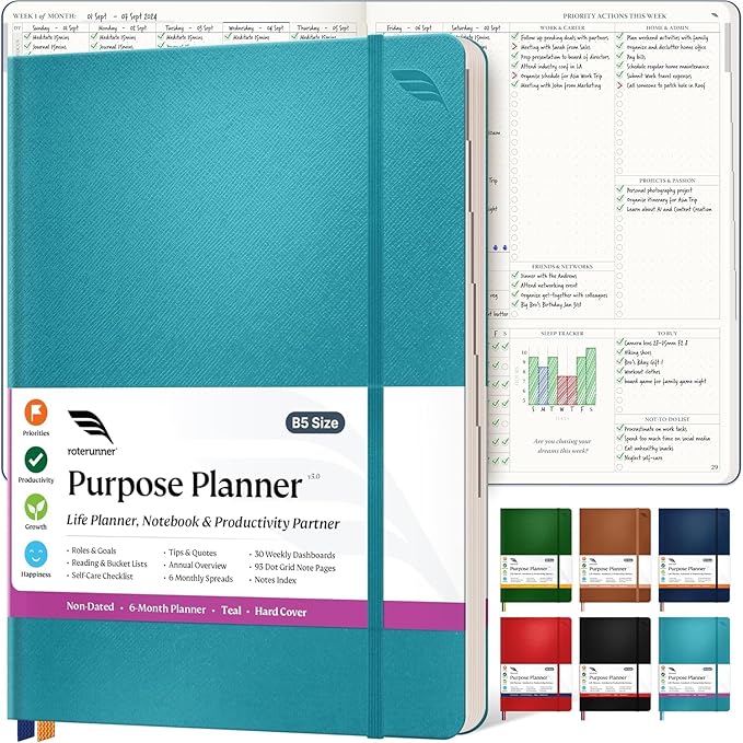 Purpose Planner Notebook B5 Hardcover 7.5”x9.8”- Teal Undated Daily, Weekly, and Monthly 2025 - Productivity & Goal Setting Tool for Work, Home, and Self-Care - ADHD & Journal for Adults-DeskLoop Office