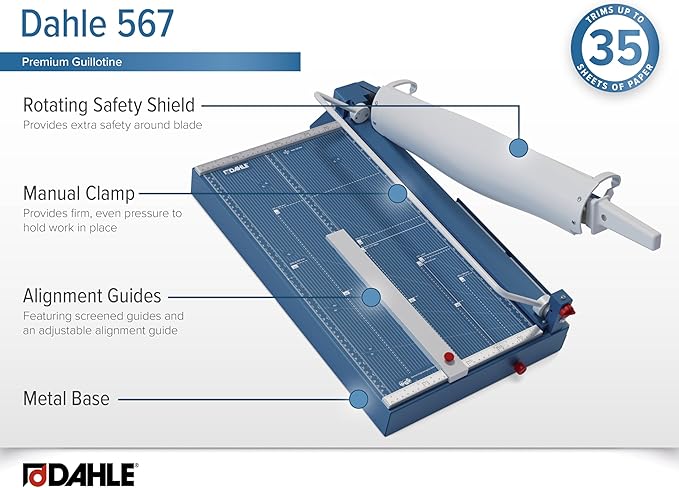 Dahle 567 Premium Guillotine Trimmer, 21" Cut Length, 35 Sheet Capacity, Self-Sharpening Blade, Manual Clamp, w/Safety Guard-DeskLoop Office