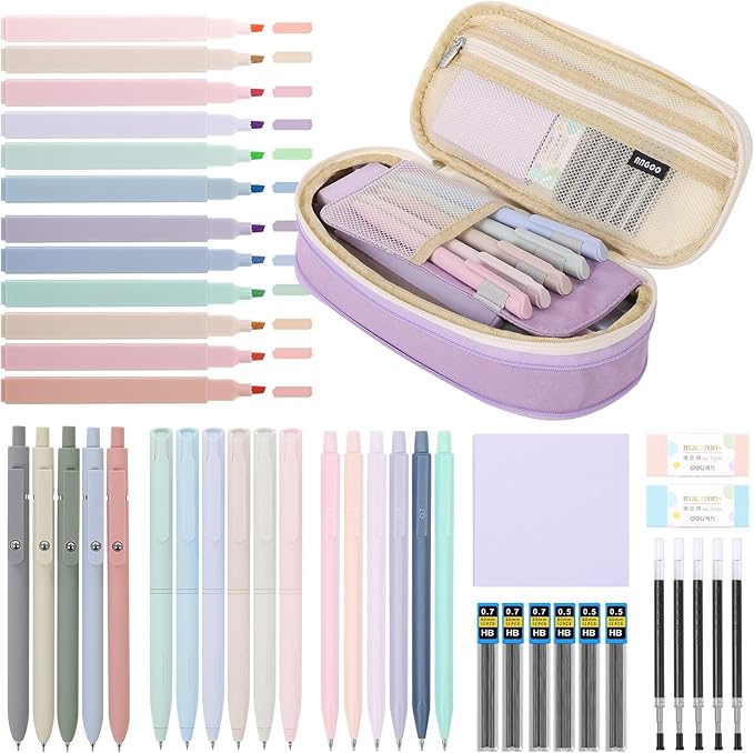 SKYDUE Cute School Supplies 44 PCS, Aesthetic Pencil Case with 12 Pastel Highlighters, 5 Black Gel Pens, 6 Color Gel Pens & Mechanical Pencils, College Essentials Students Stationary Set Purple-DeskLoop Office