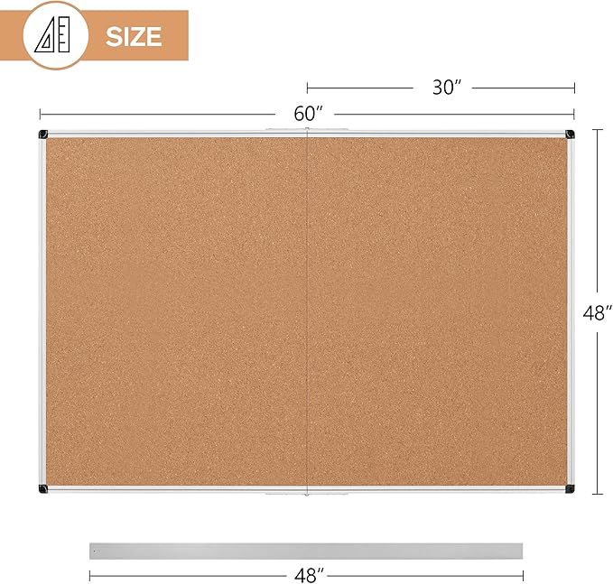 Board2by Extra Large Cork Bulletin Board 60" X 48", Foldable Notice Pin Board for Wall, Silver Aluminum Framed 5'x4' Corkboard, Wall Mounted Noticeboard with 36 Push Pins for School, Home & Office-DeskLoop Office