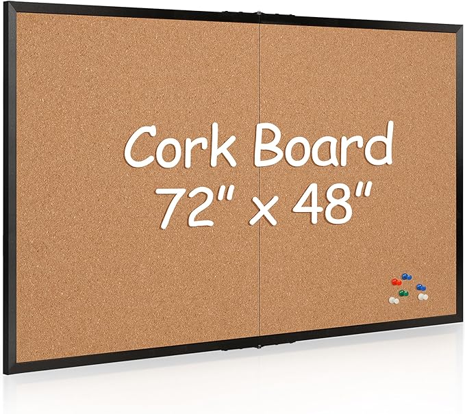 Board2by Extra Large Cork Bulletin Board 72" X 48", Foldable Notice Pin Board for Wall, Black Wood Framed 6'x4' Corkboard, Wall Mounted Noticeboard with 32 Push Pins for School, Home & Office-DeskLoop Office