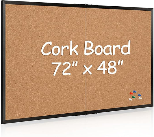 Board2by Extra Large Cork Bulletin Board 72" X 48", Foldable Notice Pin Board for Wall, Black Wood Framed 6'x4' Corkboard, Wall Mounted Noticeboard with 32 Push Pins for School, Home & Office-DeskLoop Office