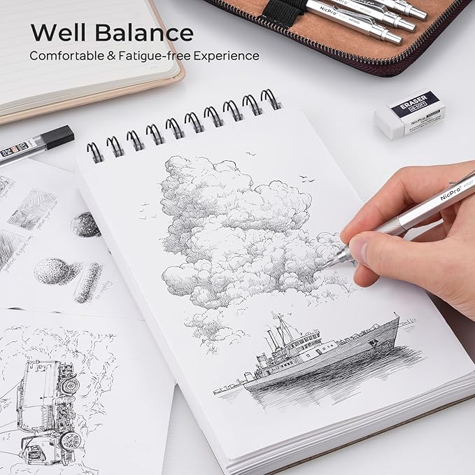 Nicpro 33PCS Metal Mechanical Pencil Set in Leather Case, Art Drafting Pencil 0.3, 0.5, 0.7, 0.9 mm, 2mm Lead Pencil Holders for Sketching Drawing With 18 Tube (6B 4B 2B HB 2H 4H Colors) Lead Refills-DeskLoop Office