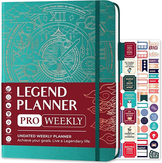 Legend Planner PRO – Deluxe Weekly & Monthly Life Planner to Increase Productivity and Hit Your Goals. Time Management Organizer Notebook – Undated – 7 x 10" Hardcover + Stickers – Viridian Green-DeskLoop Office