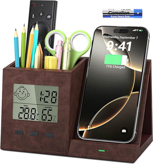 Multifunctional Pen Holder and Organizer for Desk with Wireless Charger, Digital Indoor Thermometer and Humidity Gauge, Home Office Organizers and Storage (Battery Included)-DeskLoop Office