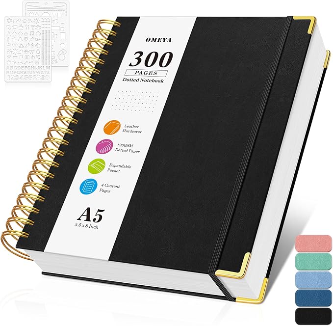 Bullet Dotted Journal Spiral Notebook, 300 Pages Leather Notebooks with Contens, 120 GSM Thick No Bleed Through Paper Journals, A5 Dot Grid Notebook for Women Men School Work Writing, 5.5" x 8", Black-DeskLoop Office