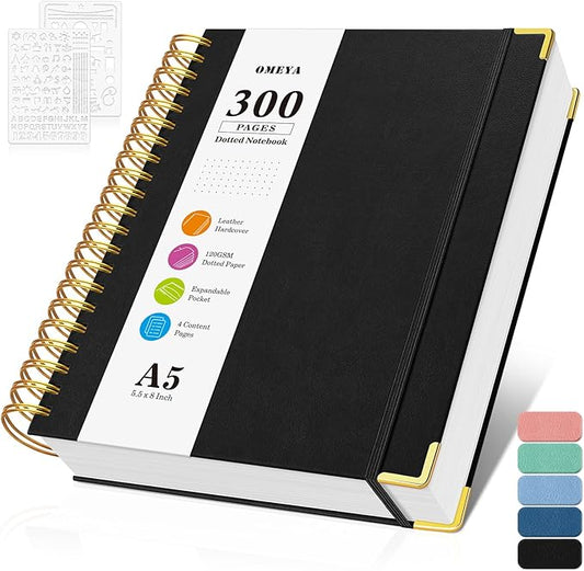 Bullet Dotted Journal Spiral Notebook, 300 Pages Leather Notebooks with Contens, 120 GSM Thick No Bleed Through Paper Journals, A5 Dot Grid Notebook for Women Men School Work Writing, 5.5" x 8", Black-DeskLoop Office