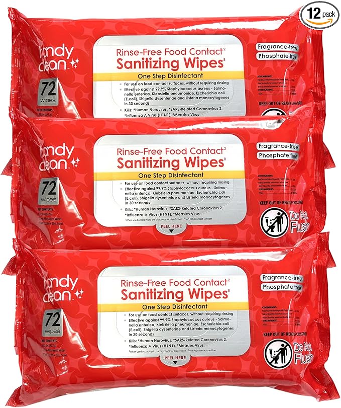HandyClean Rinse-Free Food Contact Sanitizing Wipes Pouch, Multi Surface Cleaning Supplies for Kitchen and Professional Setting - 12 pack, 864 count-DeskLoop Office