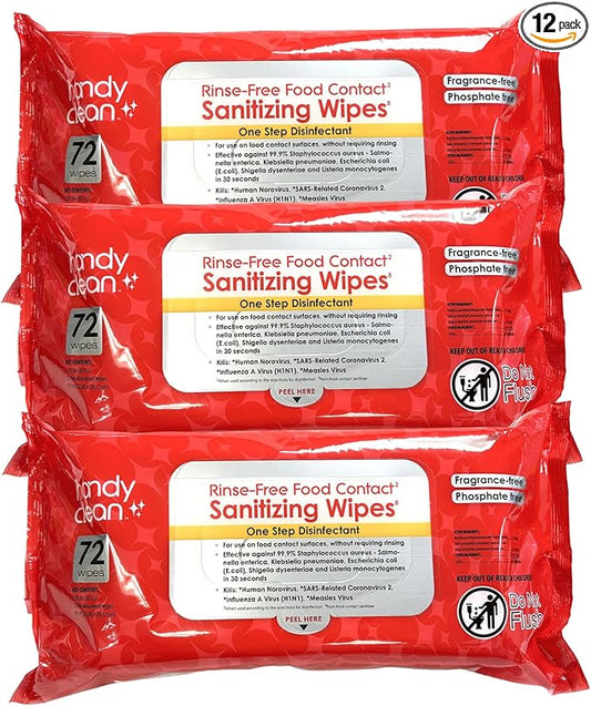 HandyClean Rinse-Free Food Contact Sanitizing Wipes Pouch, Multi Surface Cleaning Supplies for Kitchen and Professional Setting - 12 pack, 864 count-DeskLoop Office