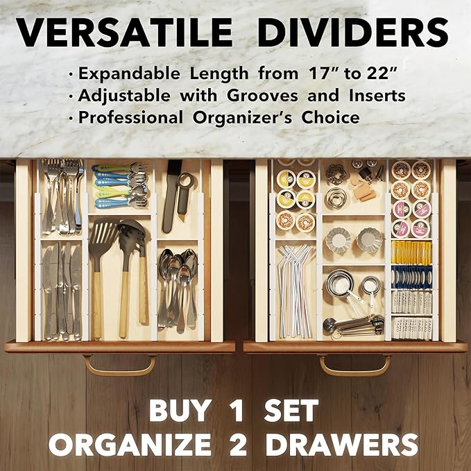 SpaceAid Bamboo Drawer Dividers with Inserts and Labels, Kitchen Adjustable Drawer Organizers, Expandable Organization for Home, Office, Dressers, 10 Dividers with 24 Inserts (17"-22" White)-DeskLoop Office
