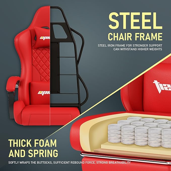 Gaming Chair,Ergonomic Computer Chairs for Adults with Footrest, PU Leather Office Chair with Adjustable Lumbar Support & Pocket Spring Cushion - Heavy Duty 400lb Capacity Gamer Chair (Red)-DeskLoop Office