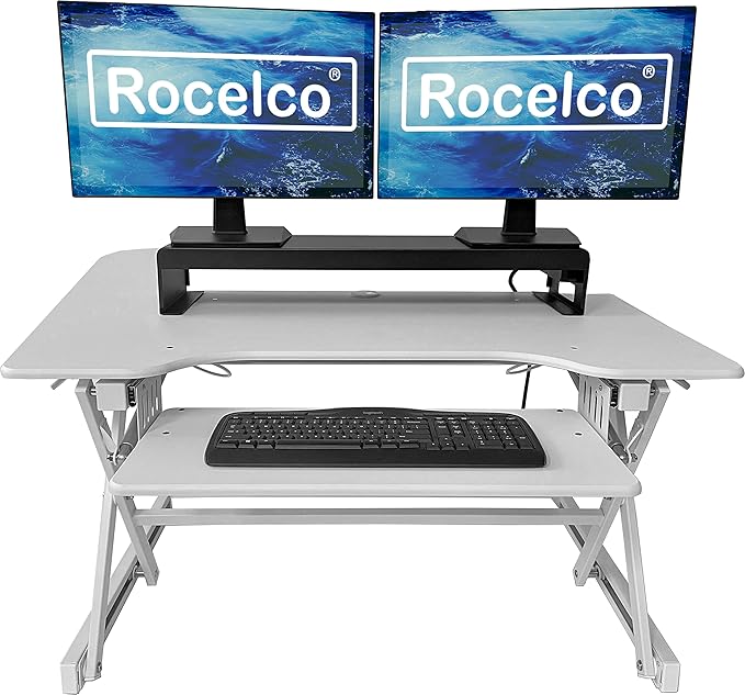 Rocelco 40" Large Height Adjustable Standing Desk Converter with Dual Monitor Stand BUNDLE - Quick Sit Stand Up Computer Workstation Riser - Retractable Keyboard Tray - White (R DADRW-40-DMS)-DeskLoop Office