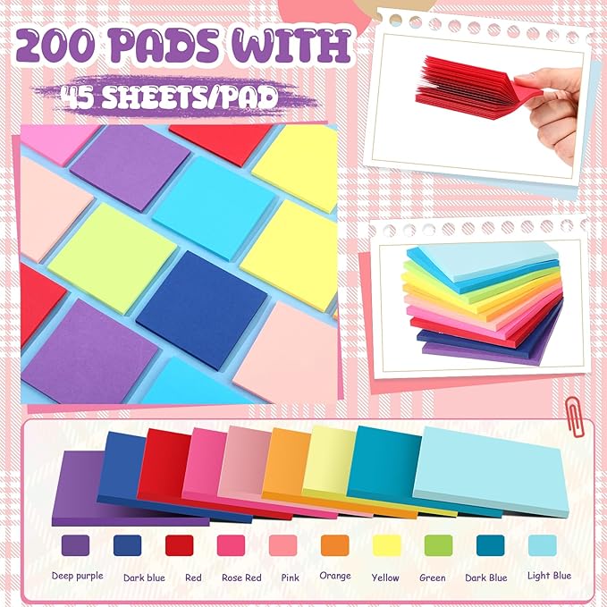 Zubebe 200 Pads Sticky Notes Bulk, Bright Colors Notepads Self Stick Note Square Memo Post Sticky for Office School, 45 Sheets/pad(3 × 3 Inch)-DeskLoop Office