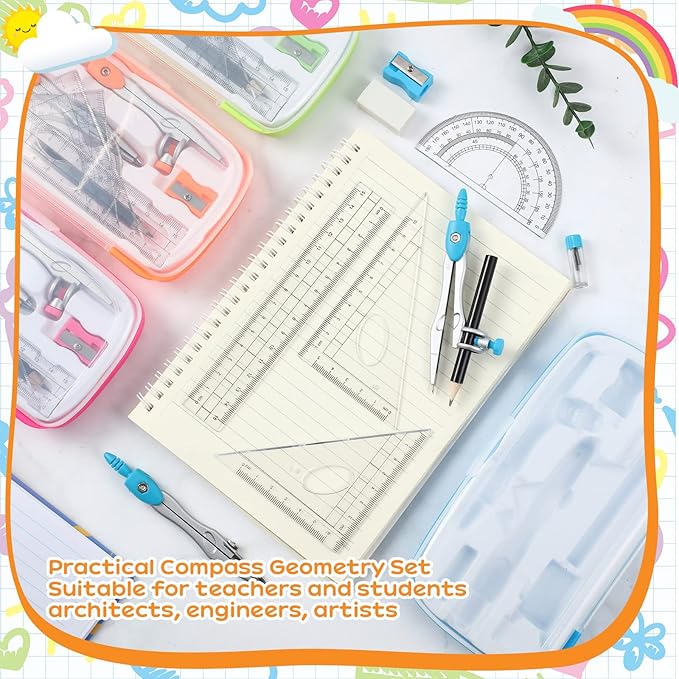 Teling 12 Sets Math Geometry Kit for Students 10 Pcs Compass Geometry Tools Set Includes Rulers Protractor Compass Eraser Pencil Sharpener Lead Refills Pencil (Colorful)-DeskLoop Office