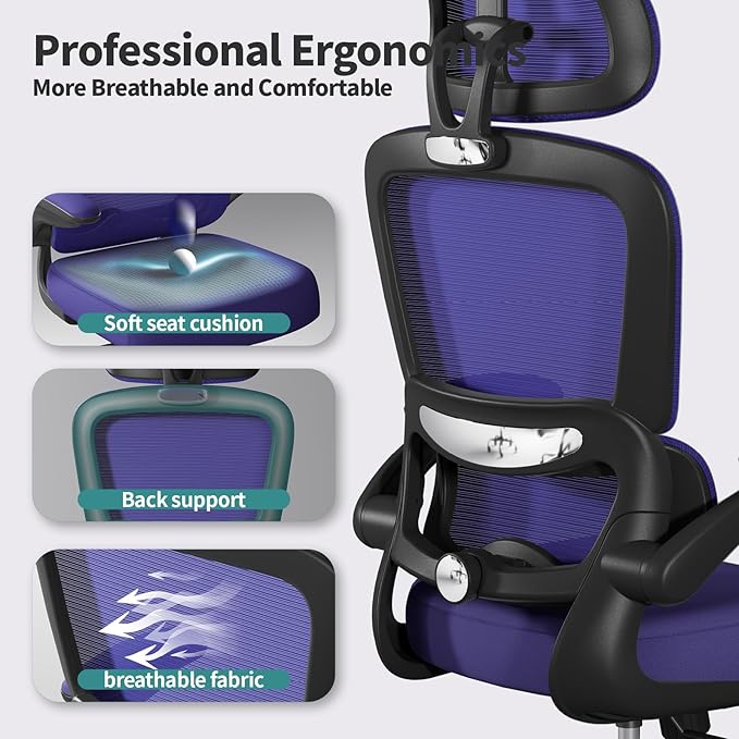 Office Chair Ergonomic Desk Chair, 330 LBS Home Mesh Office Desk Chairs with Wheels, Comfortable Gaming Chair, High Back Office Chair for Long Hours (Violet)-DeskLoop Office