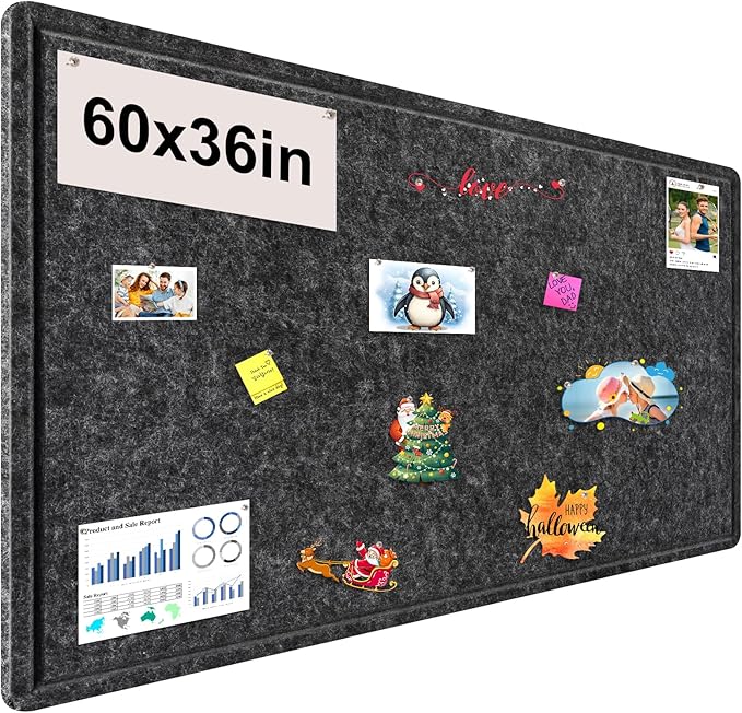 Large Bulletin Board, Foldable 60x36 Inches Cork Board Alternative, Large Felt Board Decorative Pin Board for Wall, Foldable Photo Board Self-Adhesive Vision Board with 36 Pushpins Dark Gray-DeskLoop Office