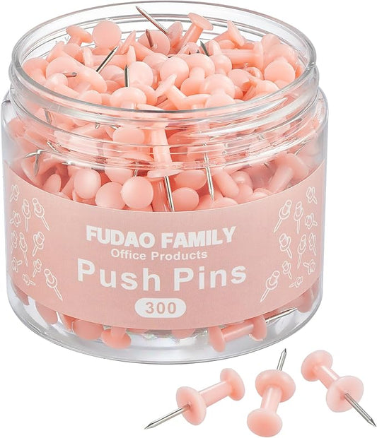 FUDAO FAMILY 300pcs Push Pins for Bulletin Board, Thumb Tacks for Wall Corkboard, Map Pins - Home Office School Craft Projects Plastic Head Steel Push Pin (Pink)-DeskLoop Office