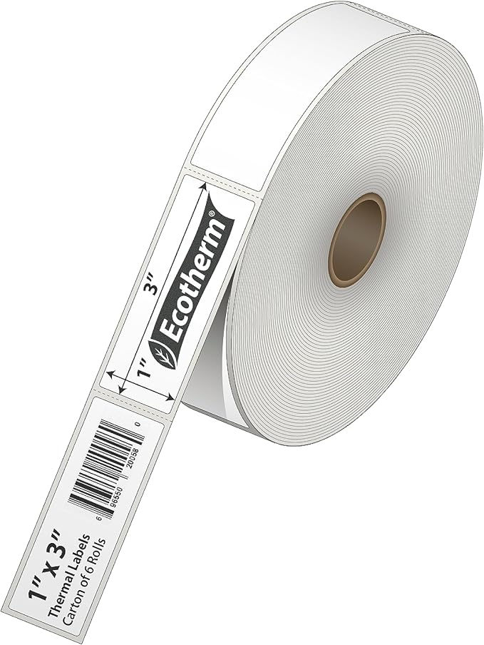 1" x 3" Thermal Labels | 6 Rolls | 5040 Labels | fits Zebra, Godex, Arkscan, iDPRT, Offnova Thermal Label Printers and More | Blank White Adhesive Stickers by Ecotherm-DeskLoop Office