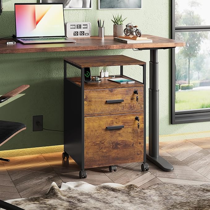 DEVAISE 2 Drawer File Cabinet with Lock and Charging Station, Wood Filing Cabinet fits A4 or Letter Size, Mobile Printer Stand with Open Storage Shelf for Home Office, Rustic Brown-DeskLoop Office