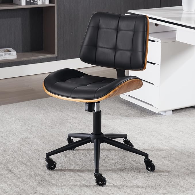 Home Office Desk Chair with Wheels, Adjustable Height Armless Office Chair, PU Leather Mid Back 360° Small Computer Chair, Modern Walnut Chair No Arms for Office, Reading Meeting Room(Black)-DeskLoop Office