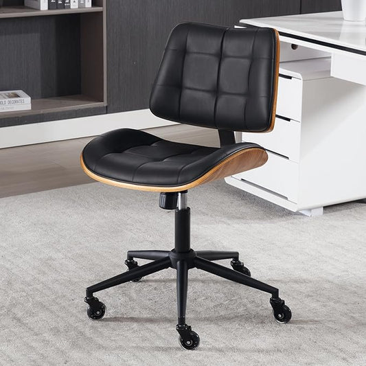 Home Office Desk Chair with Wheels, Adjustable Height Armless Office Chair, PU Leather Mid Back 360° Small Computer Chair, Modern Walnut Chair No Arms for Office, Reading Meeting Room(Black)-DeskLoop Office