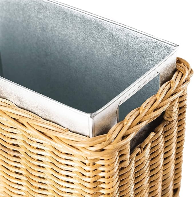 The Basket Lady Large Rectangular Wicker Waste Basket with Metal Liner, 14.5 in L x 9 in W x 18 in H, Sandstone-DeskLoop Office