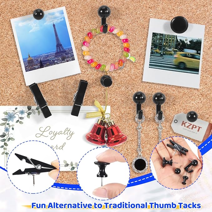 240Pcs Black Push Pins,5 Style Thumb Tacks, Black Plastic Push Pins for Bulletin Boards, Cork Board,Wall,Cork Board Accessories, Office Home Supplies-DeskLoop Office