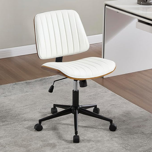 Small Home Office Chair - Armless Mid Back Desk Chair with 360° Swivel and Wheels, PU Upholstered Height Adjustable Modern Walnut Computer Chair for Home, Office Meeting Room - White-DeskLoop Office