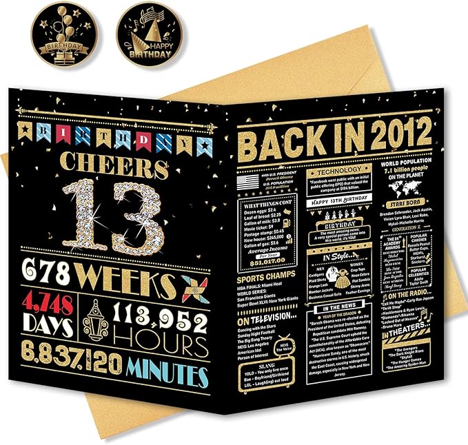 13th Birthday Card, 13th Birthday Decorations for Girls Boys, 13th Birthday Gifts for Daughter Son, Back in 2012 Birthday Card, Black Gold
