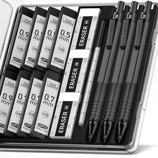 Four Candies Metal Mechanical Pencil Set, 3PCS Artist Lead Pencil 0.5mm & 0.7mm & 0.9mm with 480PCS HB Lead Refills, 3 Erasers, 9 Eraser Refills For Engineer Art Writing Drawing Drafting, Black-DeskLoop Office