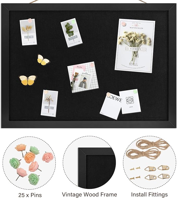 Black Cork Board Bulletin Board 16.7" x 11", 2-Pack Small Linen Corkboards with Frame for Walls, Cute Picture Display Pin Board Vision Board for Room School Office Bedroom 25 Pushpins-DeskLoop Office