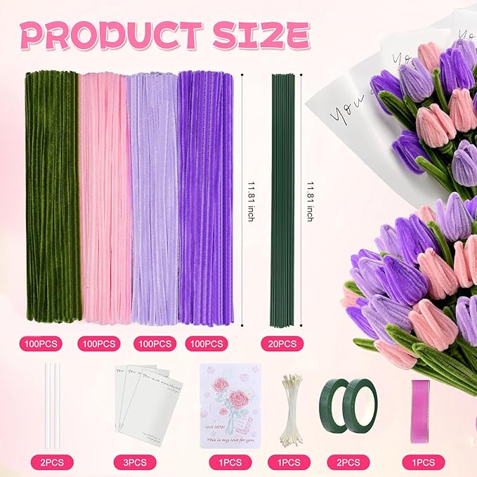 400 Pcs Chenille Stems Flowers Craft Kit,4 Colors Pipe Cleaners Bulk for DIY Floral Arrangements with Floral Wires, Gardening Tape,Hot Glue Stick,Greeting Card,Bouquet Paper, Stamen & Ribbon-DeskLoop Office