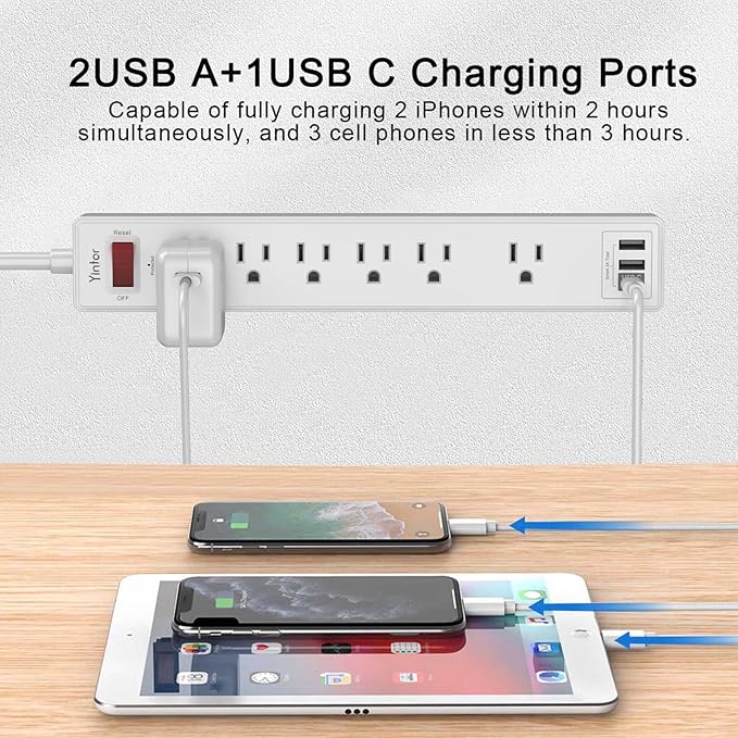 10 Ft Power Strip Surge Protector - Yintar Extension Cord with 6 AC Outlets and 3 USB Ports for Home, Office, Dorm Essentials, 1680 Joules, ETL Listed, White-DeskLoop Office