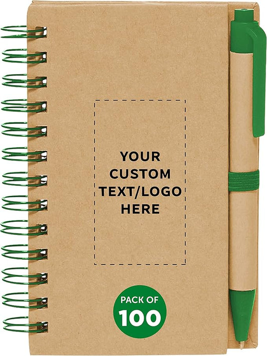 Custom Mini Spiral Notebooks with Black Ink Pens Set of 100, Personalized Bulk Pack - Perfect for School, Office, Business, Home - Green-DeskLoop Office