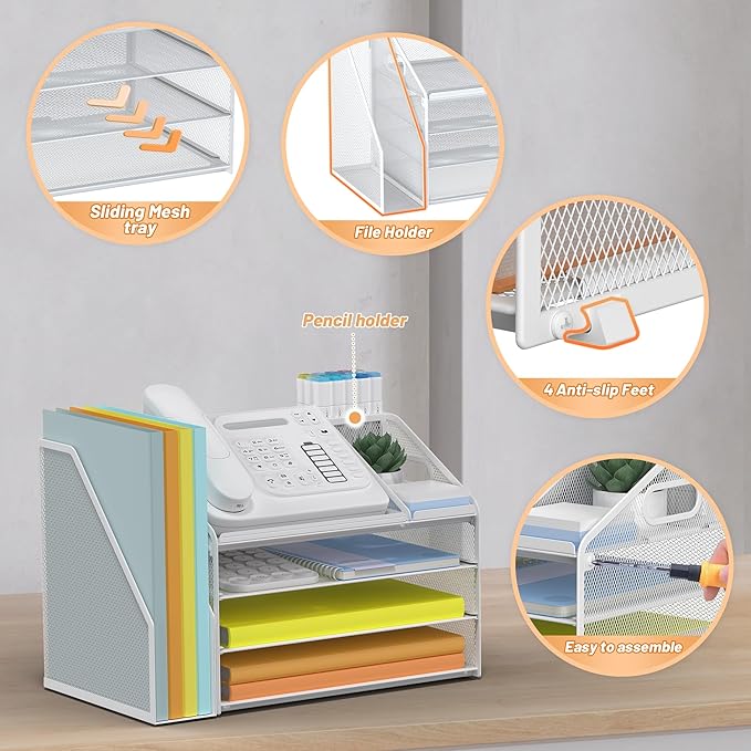 DocNest 4 Tier Paper Letter Tray File Organizer, Mesh Desk File with Handle, Workspace Desk Organizers with Pen Holder, Office Organization Storage Accessories - White-DeskLoop Office