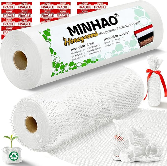 Honeycomb Packing Paper, 12"x400' White | Perforated Honeycomb Packing Paper Recyclable Moving Supplies for Shipping & Moving | Plastic-Free Alternative to Bubble Cushion Wrap with 36 Fragile Stickers-DeskLoop Office