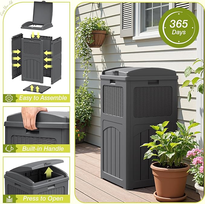 Greesum 33 Gallon Outdoor Trash Can with Lid, Waterproof Resin Garbage Bin for Hideaway, Deck, Patio, Gray-DeskLoop Office