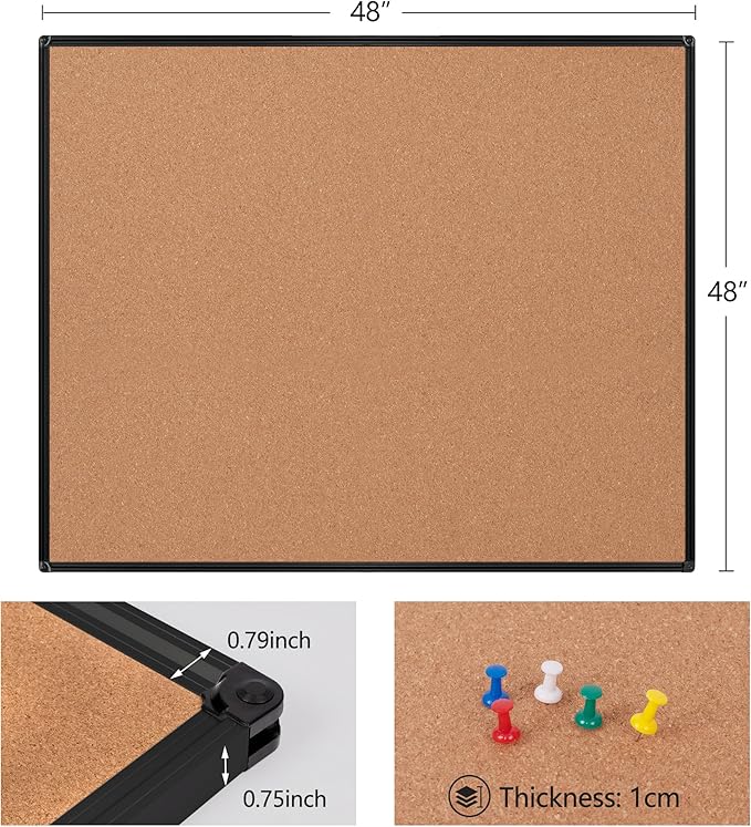 Board2by Extra Large Cork Bulletin Board 48" X 48", Black Aluminum Framed 4'x4' Corkboard for Wall, Wall Mounted Notice Pin Board with 18 Push Pins for School, Home & Office-DeskLoop Office