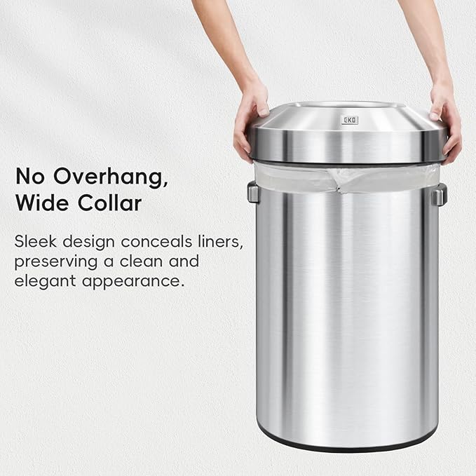 EKO 16-Gallon Round Stainless Steel Open Top Trash Can, Large Commercial Waste Bin with Detachable Lid and Carrying Handle, Brushed Metal Garbage Bin for Home, Office, Restaurant, Restroom-DeskLoop Office