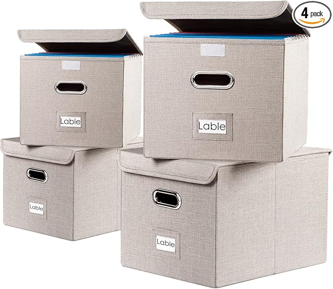 PRANDOM File Organizer Box - Set of 4 Collapsible Decorative Linen Filing Storage Hanging File Folders with Lids Office Cabinet Letter Size Light Grey (15x12.2x10.75 inch)-DeskLoop Office