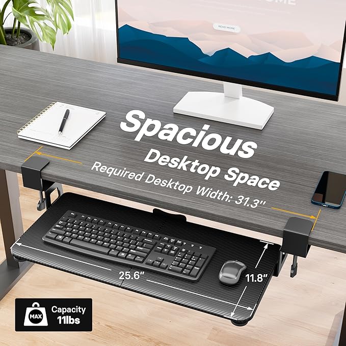 BONTEC KMT01 Under Desk Keyboard Tray, Pull-Out Keyboard & Mouse Platform with C-Clamp, 25.6 x 11.8 in Space-Saving Ergonomic Slide-Out Drawer, Black Carbon Fiber-DeskLoop Office