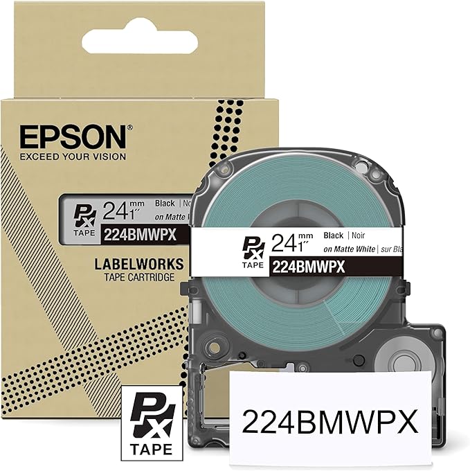 Epson LABELWORKS 224BMWPX Genuine PET (Polyester) Tape Cartridge - Black on Matte White Designer Craft Label Maker Tape - 1" (24MM) Wide, 26'-DeskLoop Office