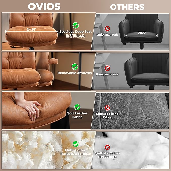 ovios Home Office Chair, Mid-Century Modern Faux PU Leather Chairs with Lumbar Support Comfy Thick Cushion, High Back Ergonomic Swivel Rolling Executive Armchair (Brown, Suede Leather)-DeskLoop Office