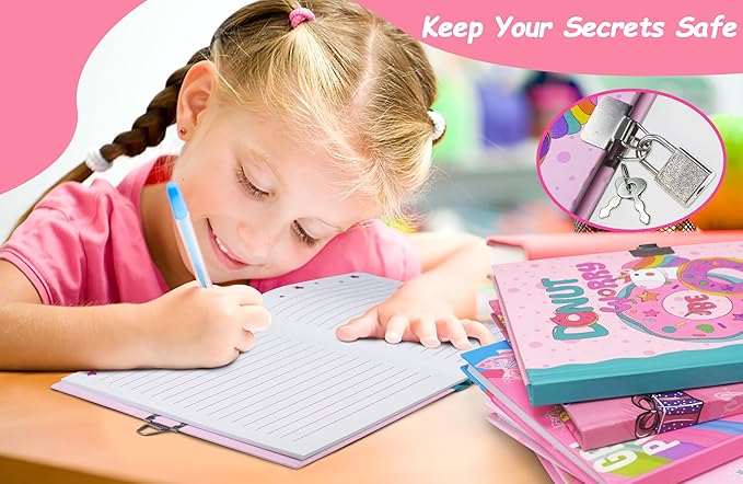 Girls Diary with Lock for Kids, 7x5.25 Inches 160 Lined Pages Secret Pink Doughnut Notebook for Girls Journal with Lock for Kids Pre School Writing Drawing Cute Girls Gifts for Birthday-DeskLoop Office