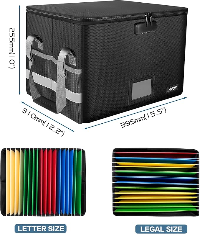 ENGPOW File Box with Lock,Fireproof Document Box with Zipper&Pockets,Collapsible File Organizer Filing Storage Cabinet with Handle,Portable Home Office Safe for Hanging Letter/Legal Folder,Black-DeskLoop Office